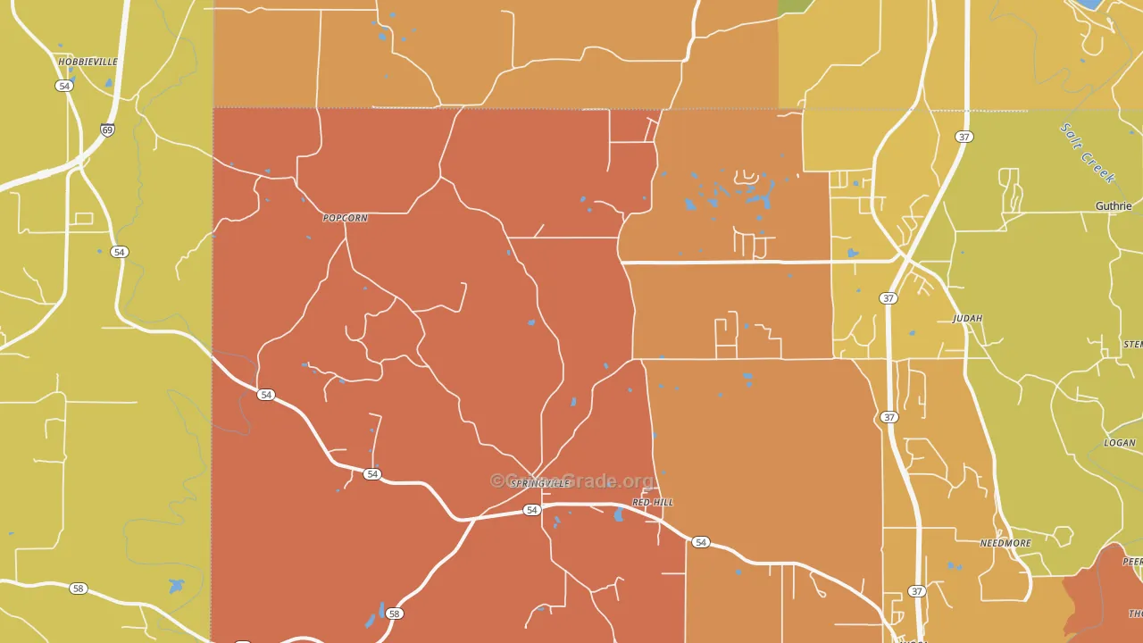 Springville, IN Map of Robbery Rates