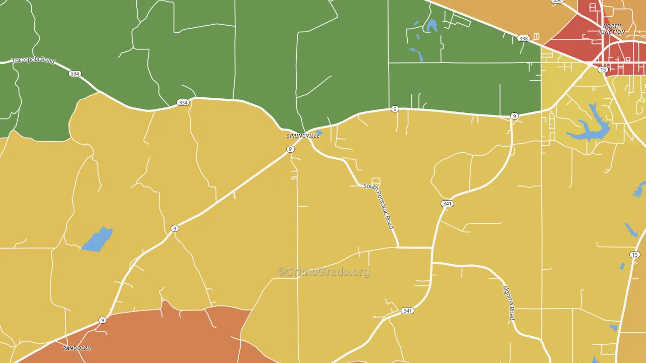 Springville, MS Map of Robbery Rates