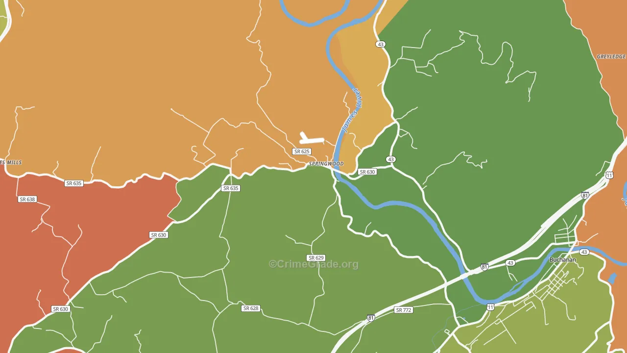 Springwood, VA Map of Robbery Rates