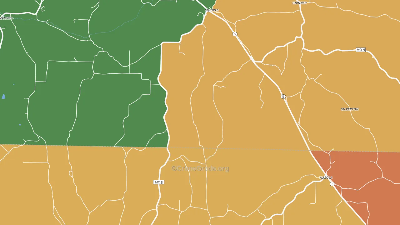 Squires, MO Map of Robbery Rates