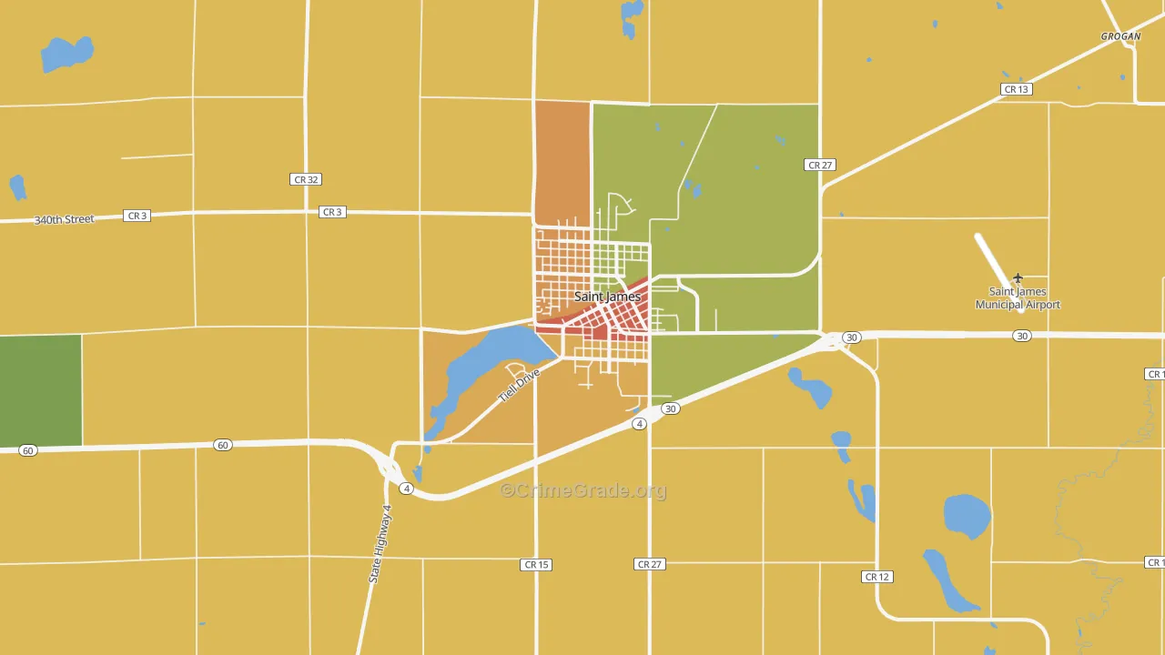 St. James, MN Map of Robbery Rates