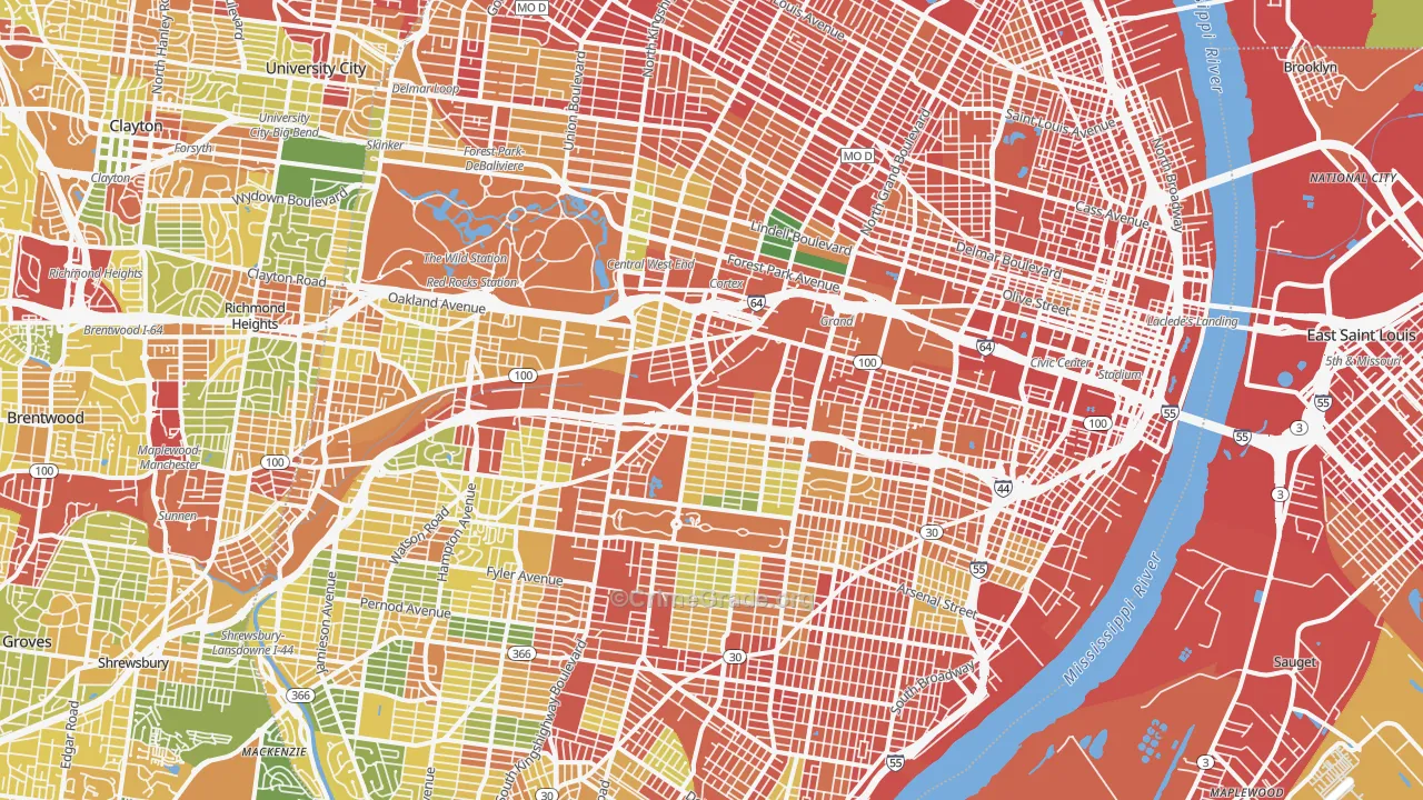 St. Louis City, MO Map of Robbery Rates