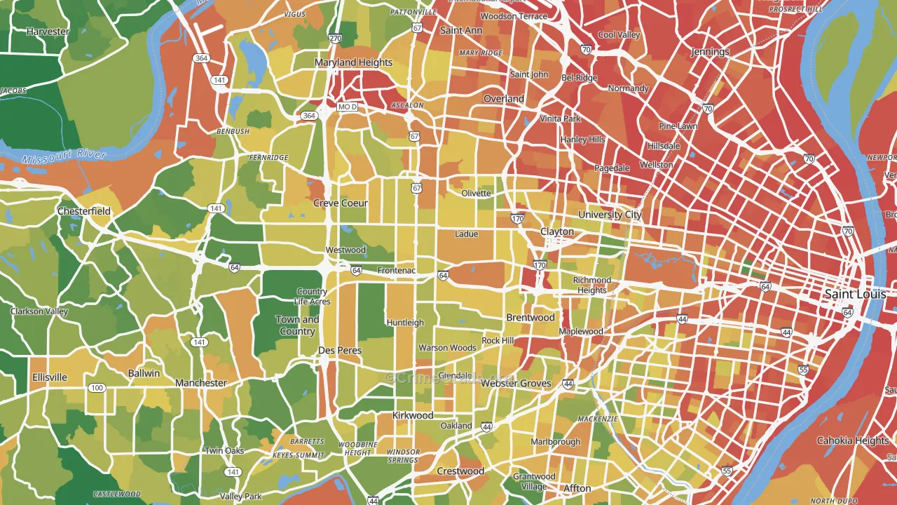 St. Louis County, MO Map of Robbery Rates
