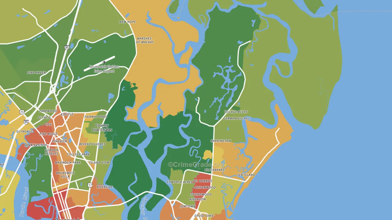 St. Simons Island, GA Map of Robbery Rates