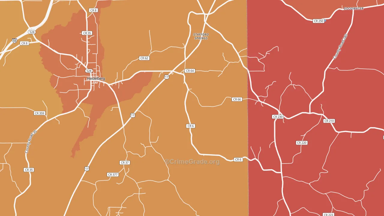 Stafford Springs, MS Map of Robbery Rates