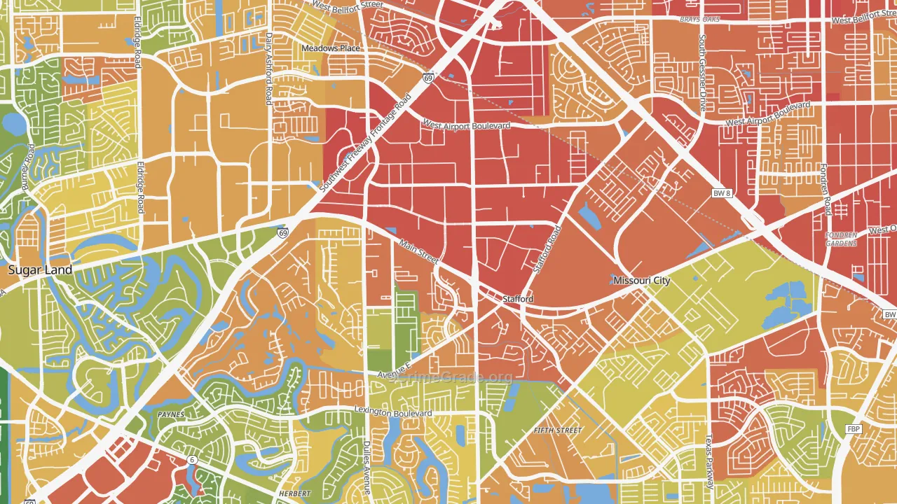 Stafford, TX Map of Robbery Rates