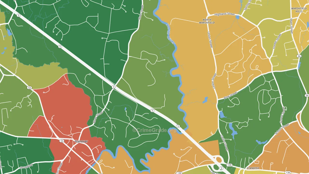 Standish, MA Map of Robbery Rates