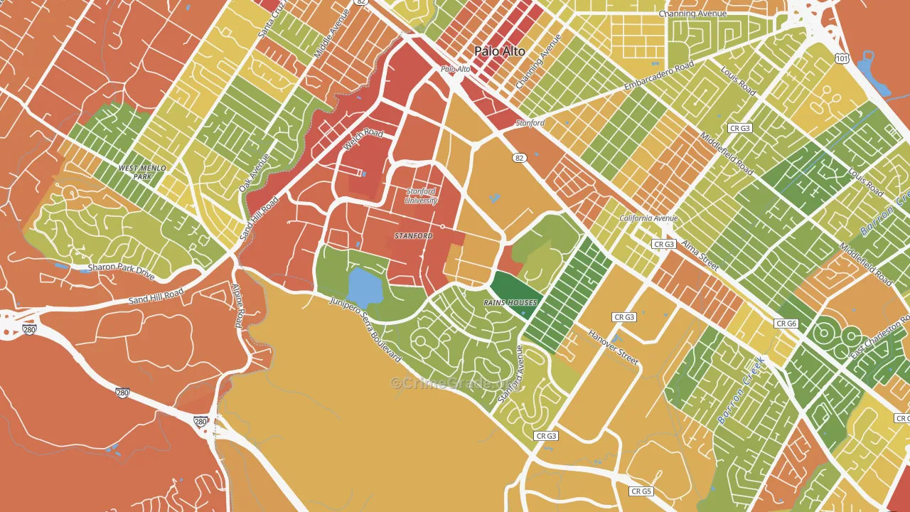 Stanford University, Stanford, CA Map of Robbery Rates