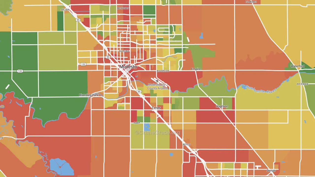 Stanislaus County, CA Map of Robbery Rates