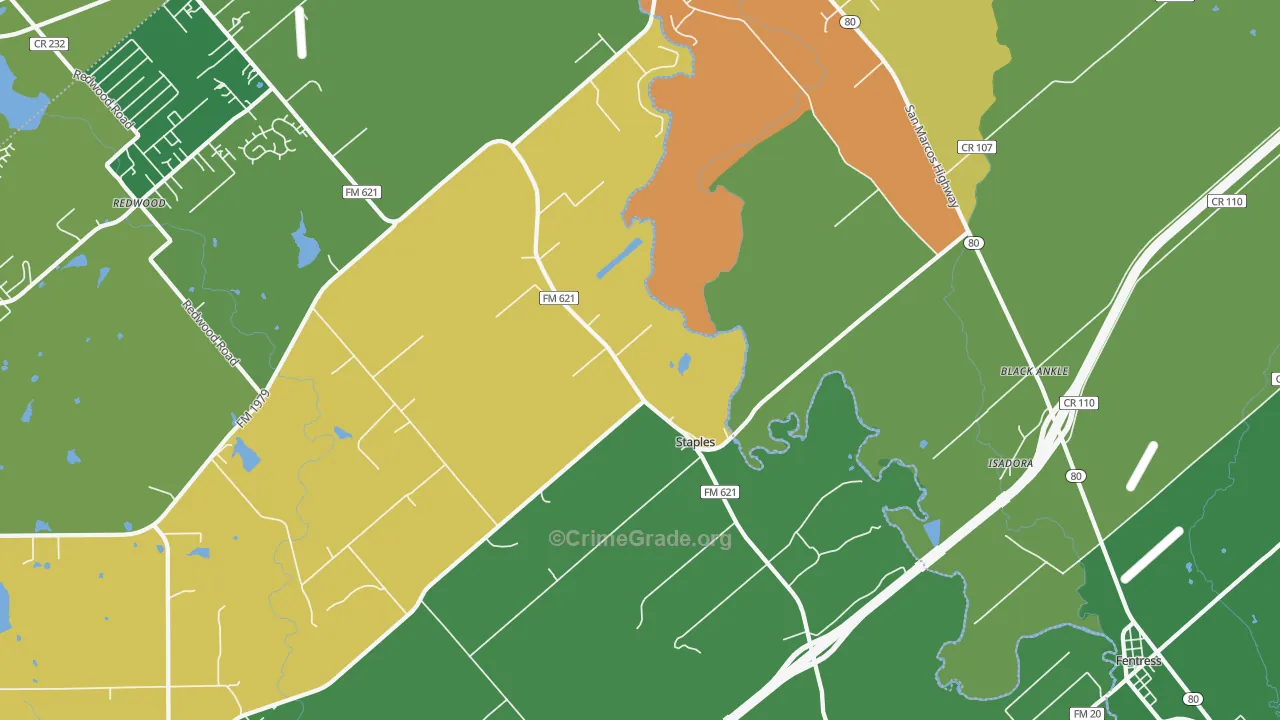 Staples, TX Map of Robbery Rates