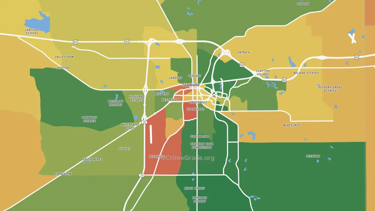 Starkville, MS Map of Robbery Rates