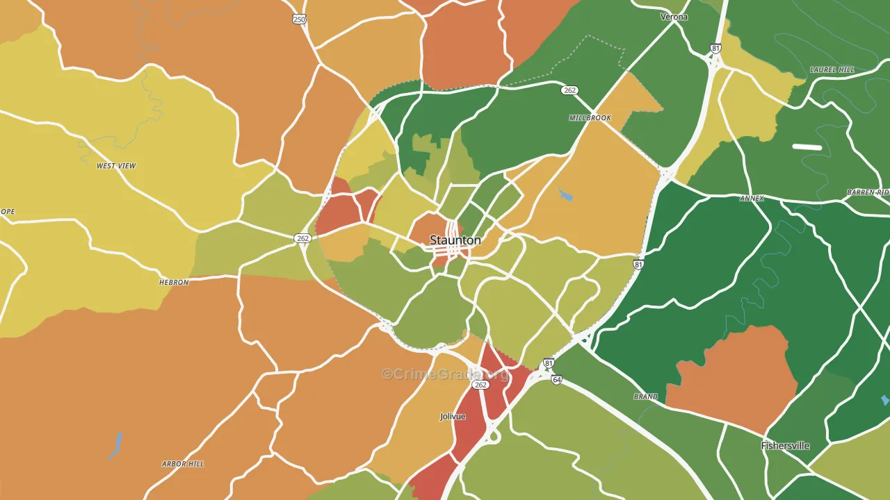 Staunton, VA Map of Robbery Rates