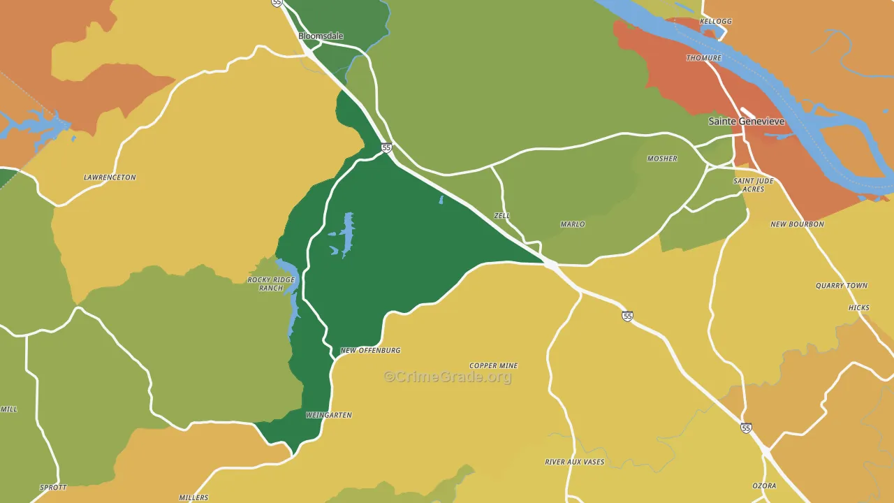 Ste. Genevieve County, MO Map of Robbery Rates