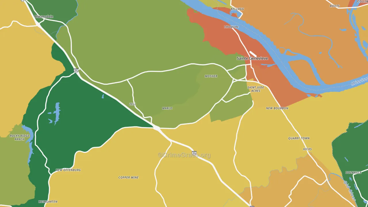 Ste. Genevieve, MO Map of Robbery Rates