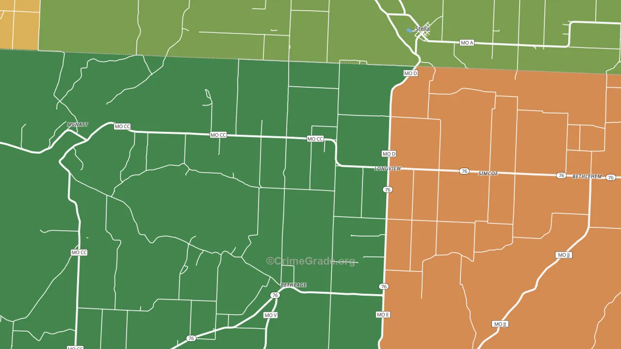 Stella, MO Map of Robbery Rates