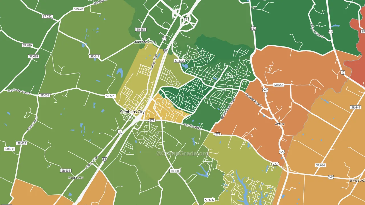 Stephens City, VA Map of Robbery Rates
