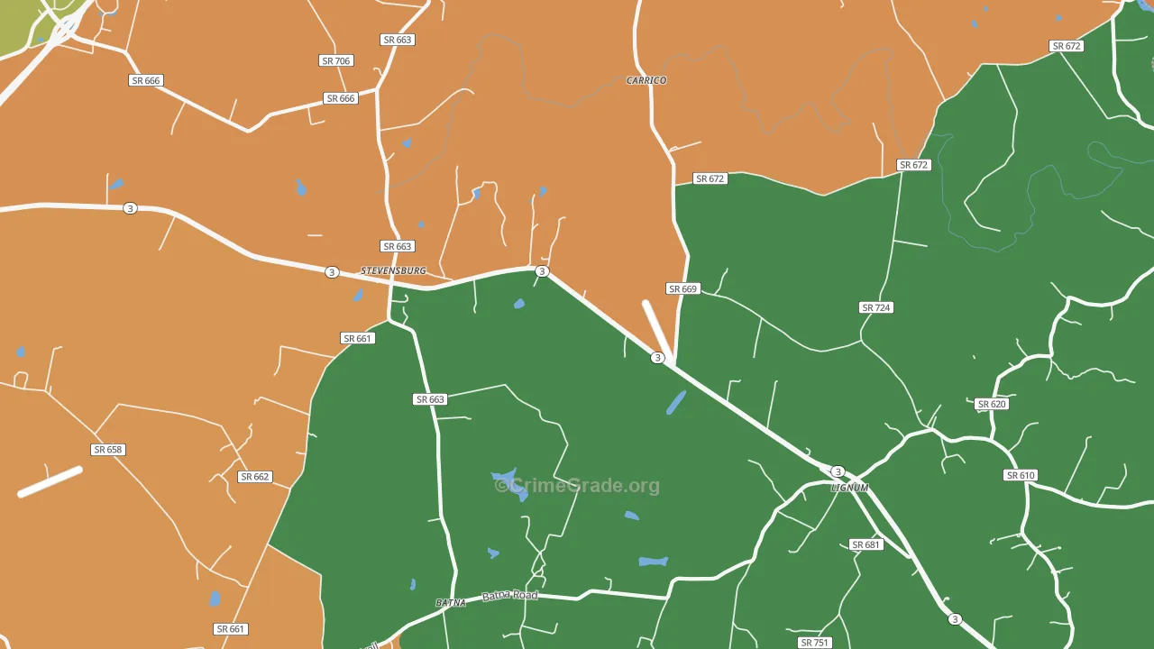 Stevensburg, VA Map of Robbery Rates