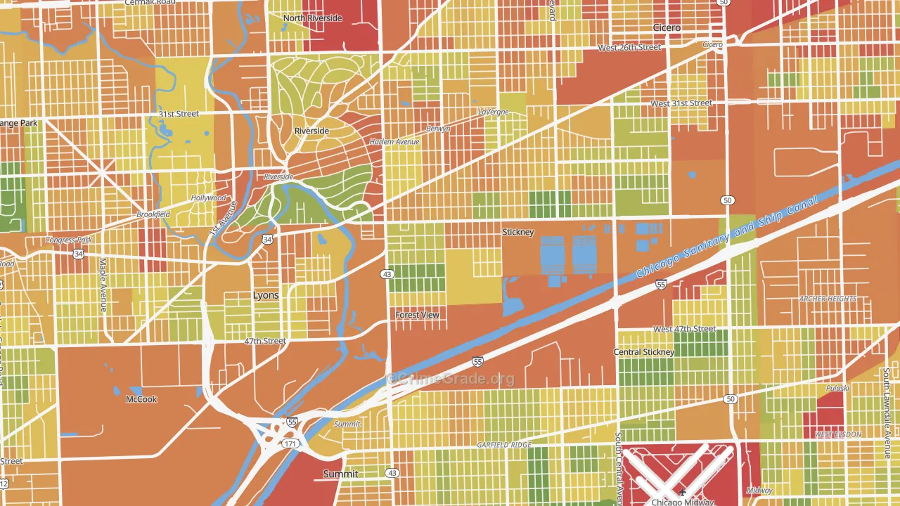 Stickney, IL Map of Robbery Rates