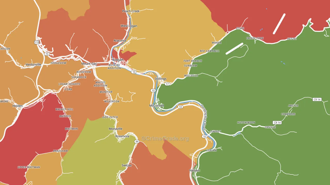 Stollings, WV Map of Robbery Rates