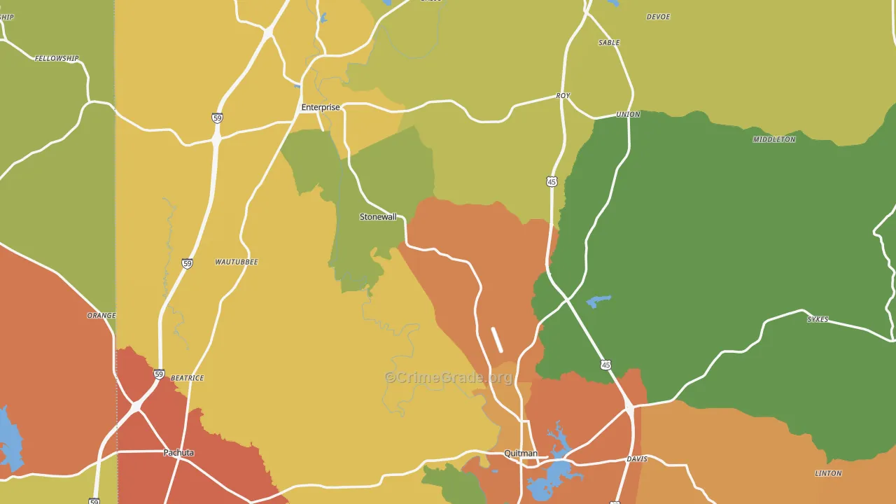 Stonewall, MS Map of Robbery Rates