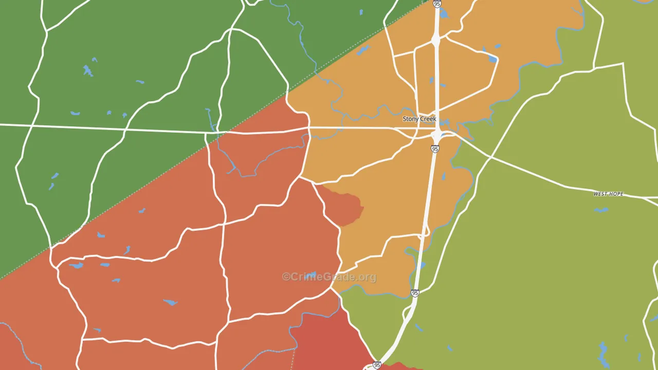 Stony Creek, VA Map of Robbery Rates