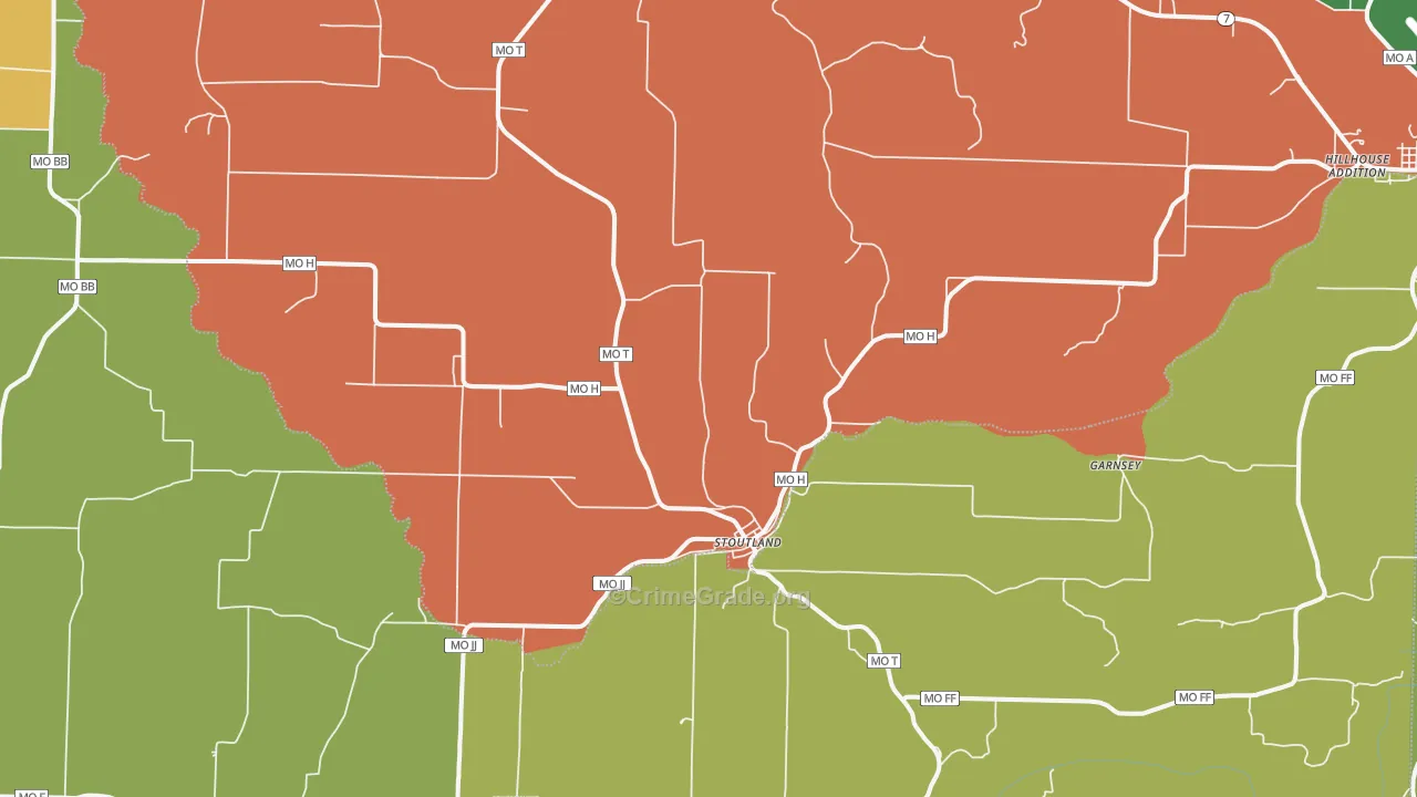 Stoutland, MO Map of Robbery Rates
