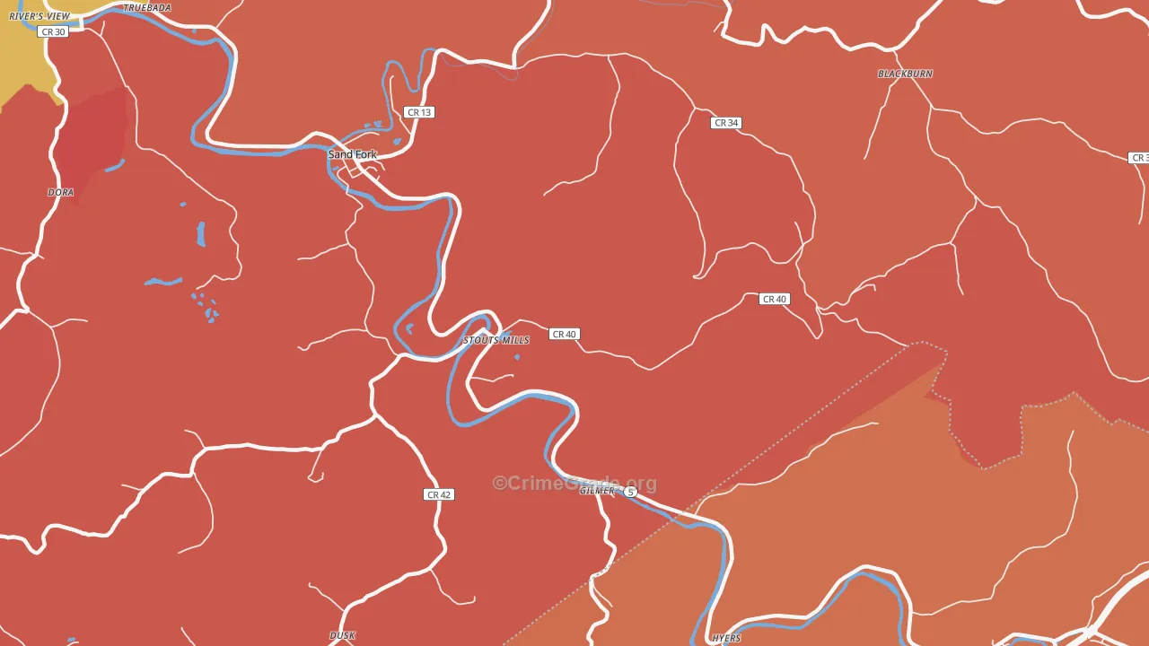Stouts Mills, WV Map of Robbery Rates