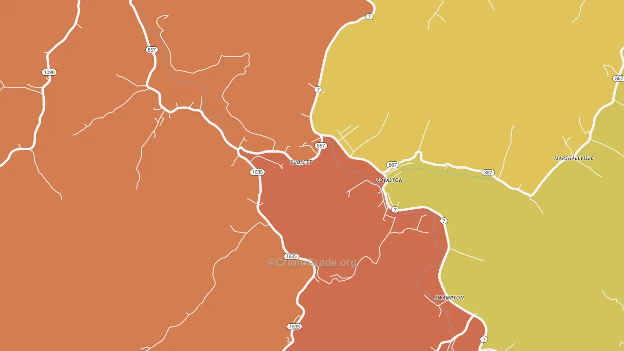 Sublett, KY Map of Robbery Rates