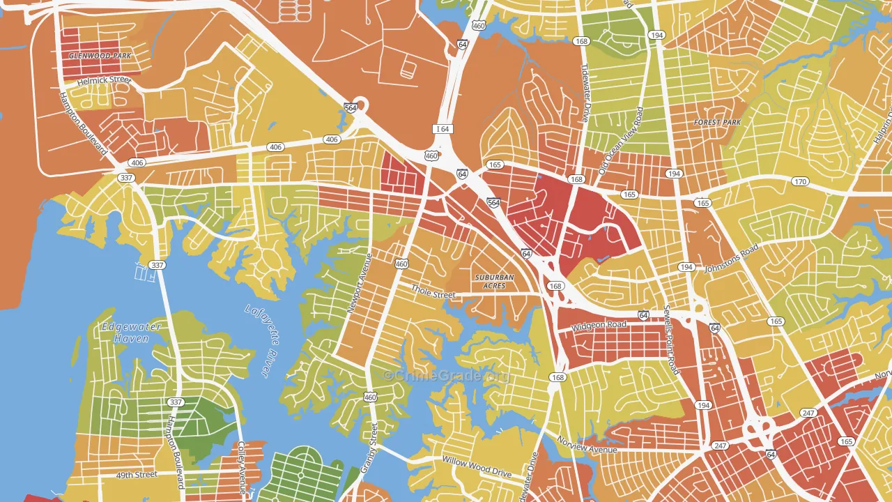 Suburban Acres, Norfolk, VA Map of Robbery Rates