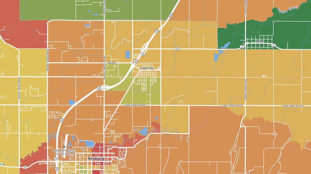 Sugar City, ID Map of Robbery Rates