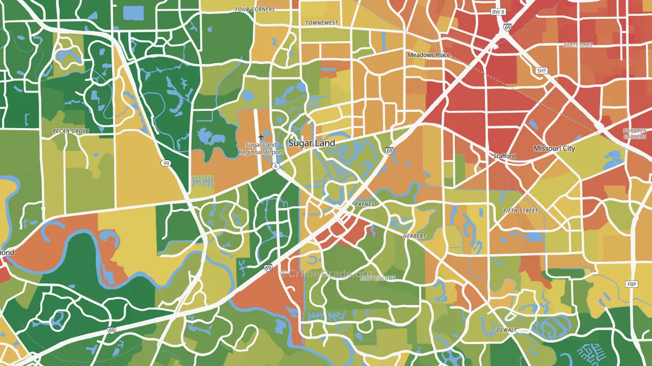 Sugar Land, TX Map of Robbery Rates