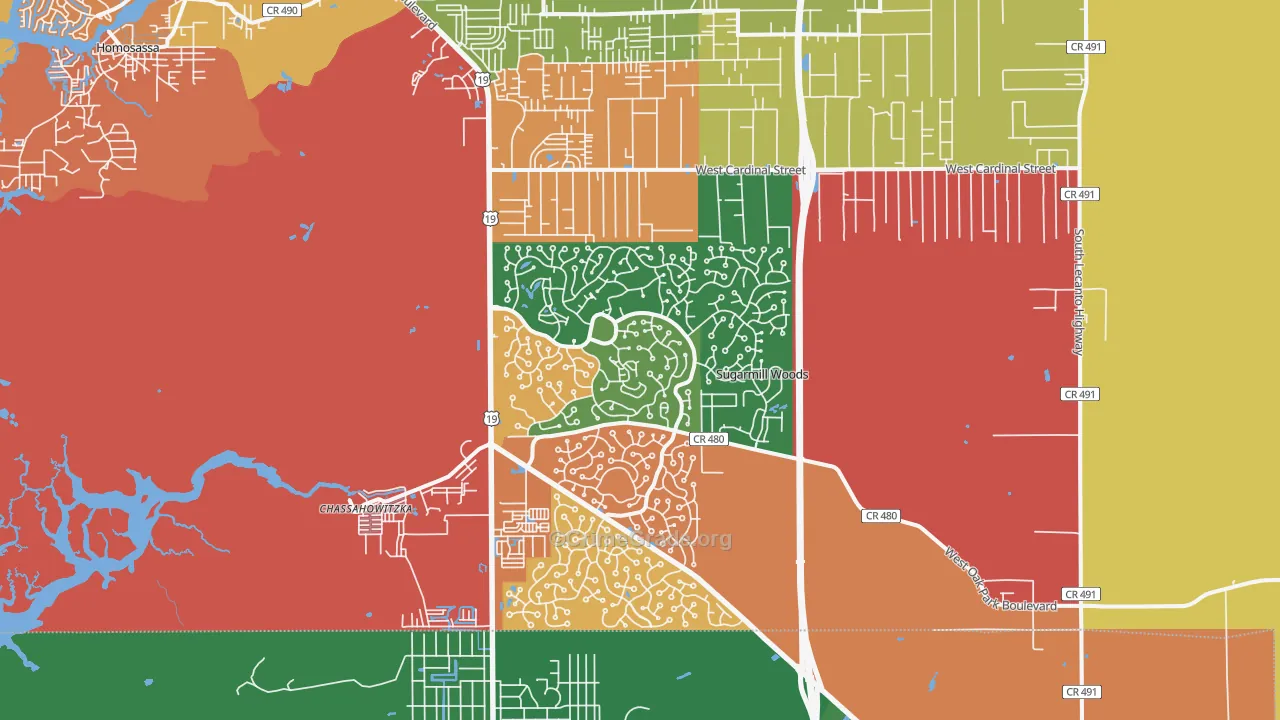 Sugarmill Woods, FL Map of Robbery Rates