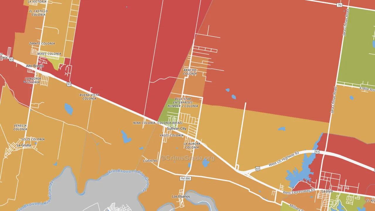 Sullivan City, TX Map of Robbery Rates