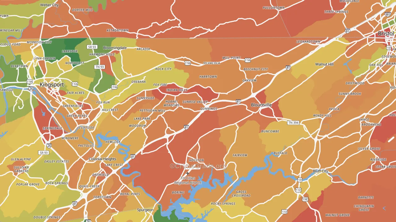 Sullivan County, TN Map of Robbery Rates