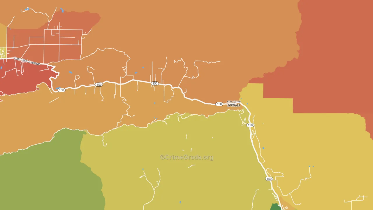 Sulphur Springs, CA Map of Robbery Rates