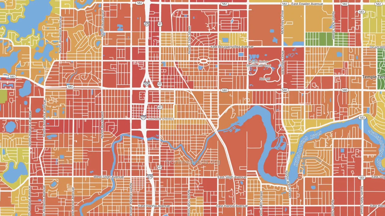 Sulphur Springs, Tampa, FL Map of Robbery Rates