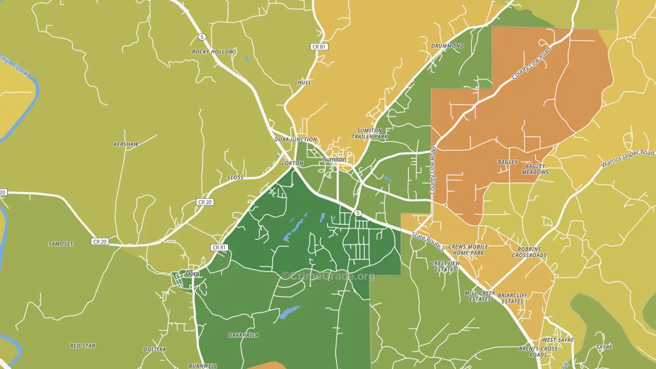 Sumiton, AL Map of Robbery Rates