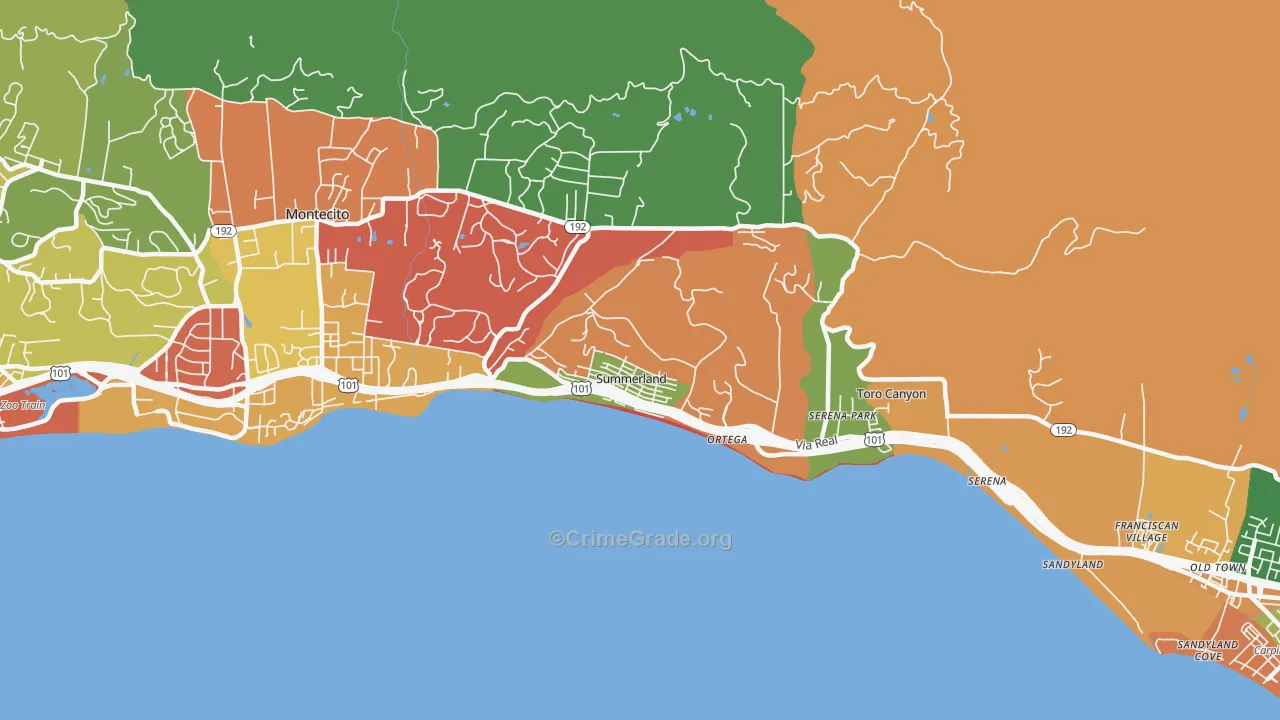 Summerland, CA Map of Robbery Rates