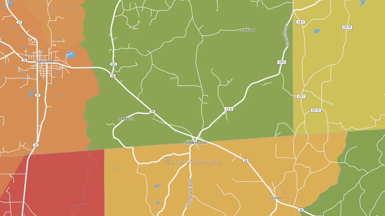 Summerland, MS Map of Robbery Rates