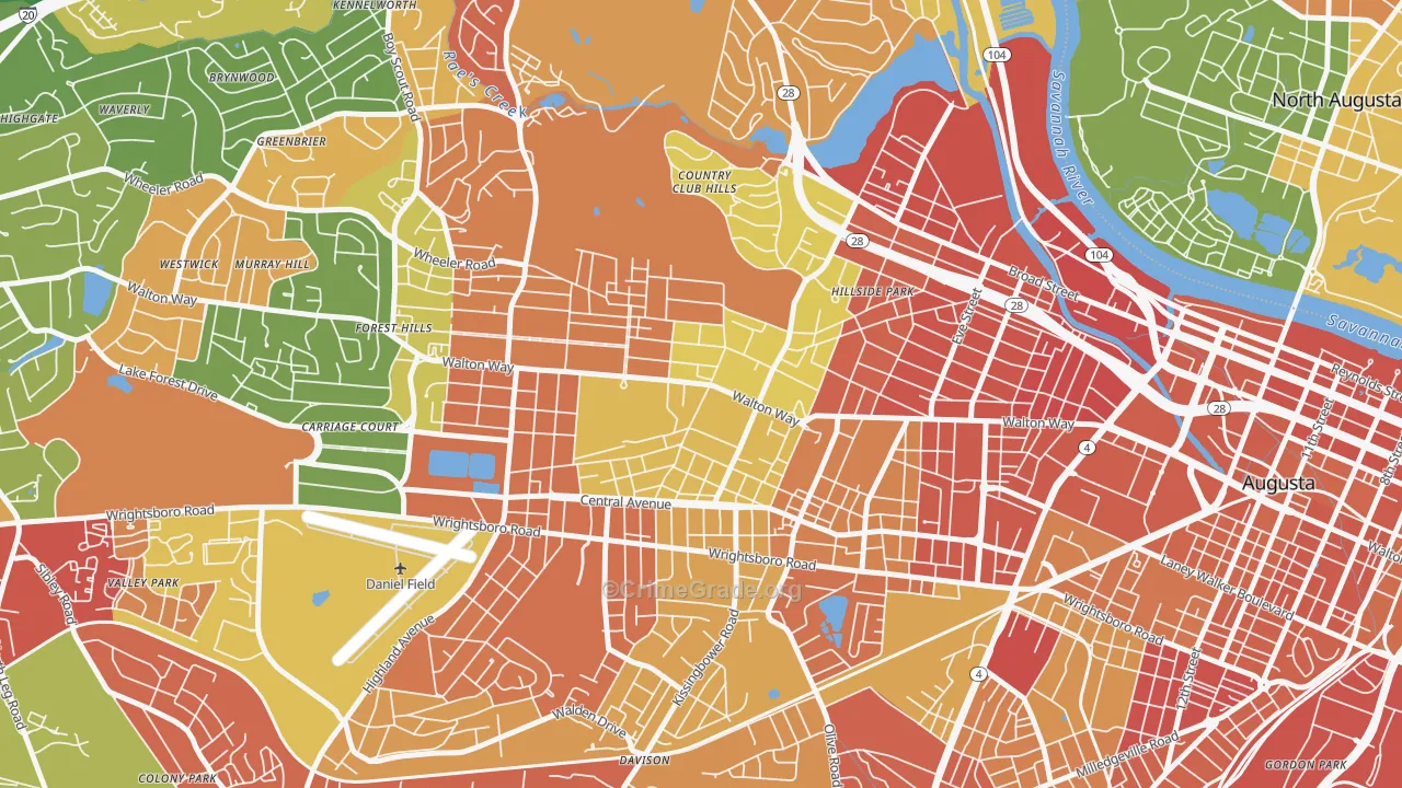 Summerville, Augusta, GA Map of Robbery Rates