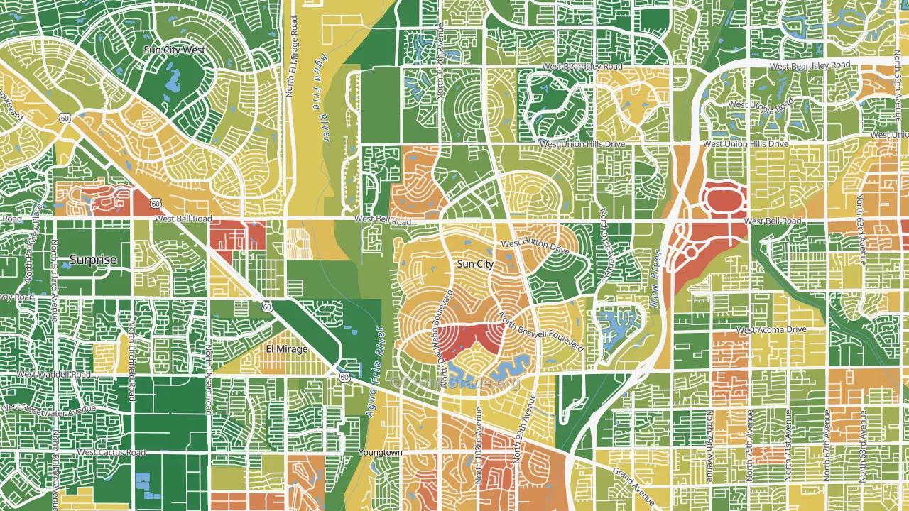 Sun City, AZ Map of Robbery Rates