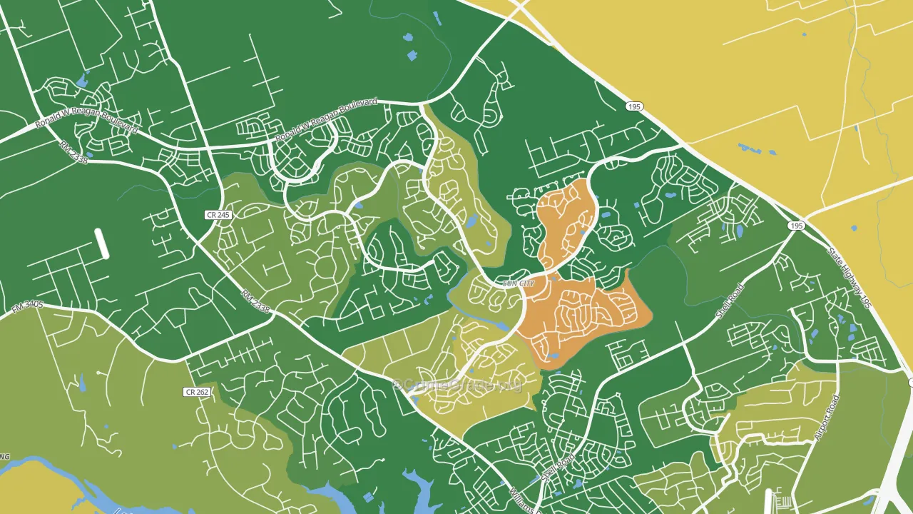 Sun City, Georgetown, TX Map of Robbery Rates