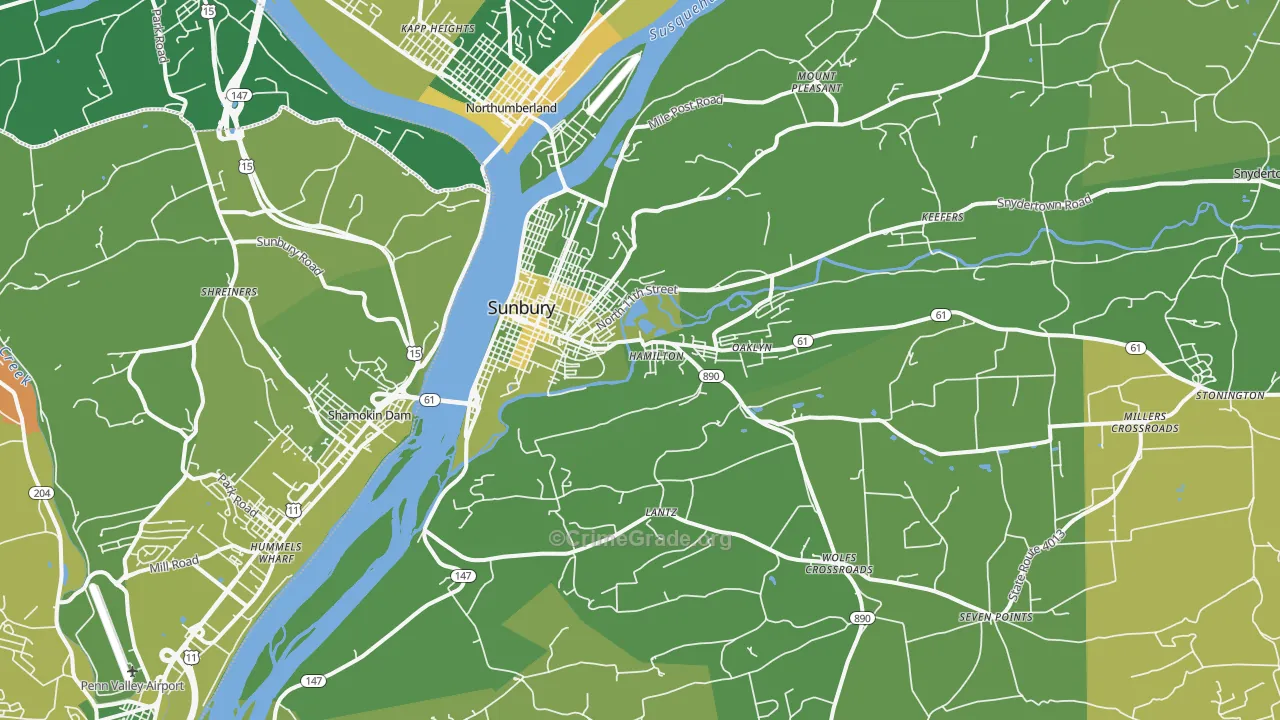 Sunbury, PA Map of Robbery Rates
