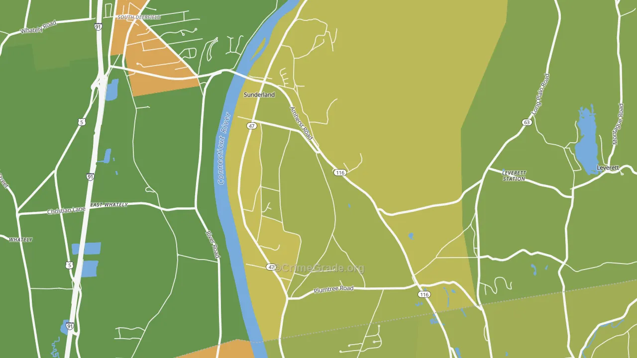Sunderland, MA Map of Robbery Rates