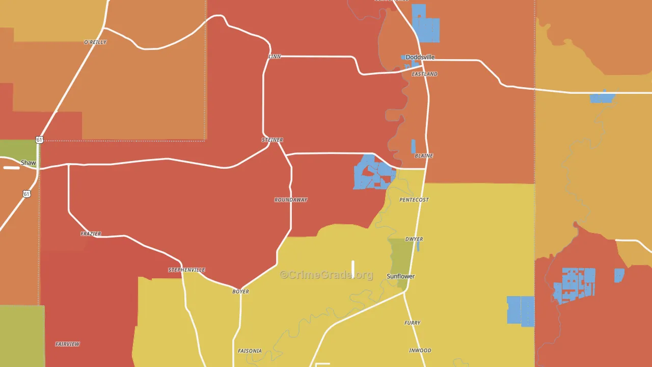 Sunflower County, MS Map of Robbery Rates