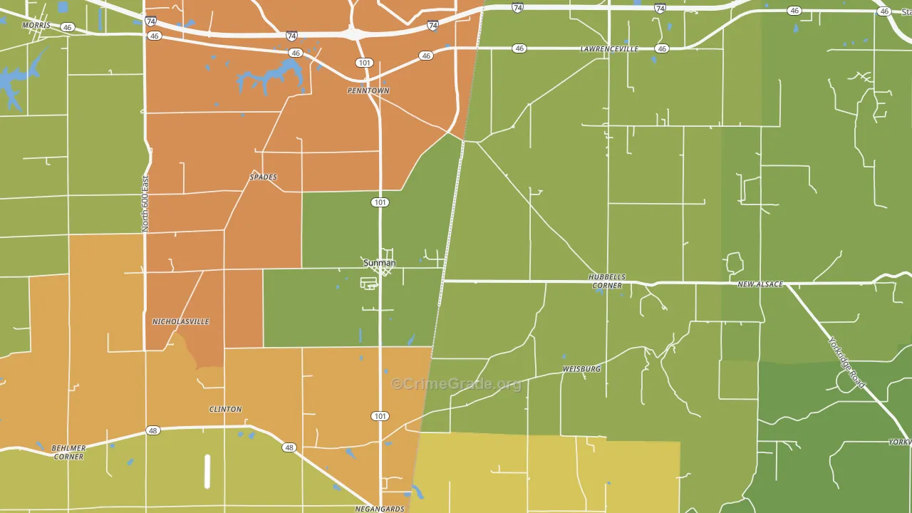 Sunman, IN Map of Robbery Rates