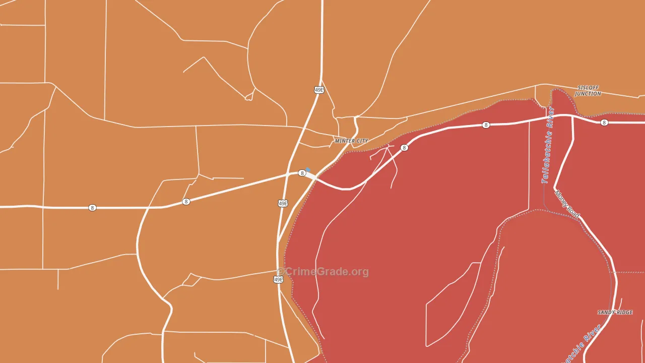 Sunnyside, MS Map of Robbery Rates