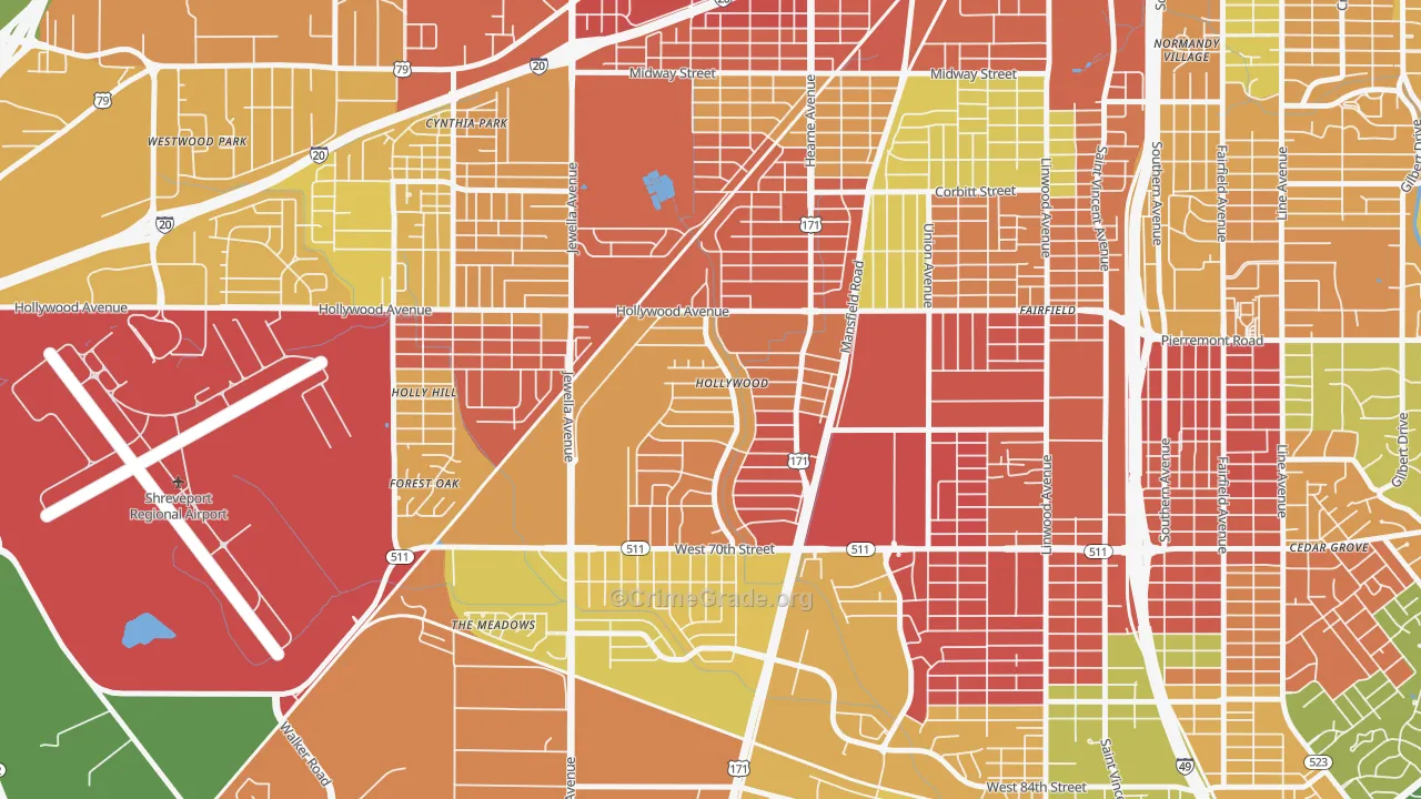 Sunset Arcre-Garden Valley-Morningside, Shreveport, LA Map of Robbery Rates
