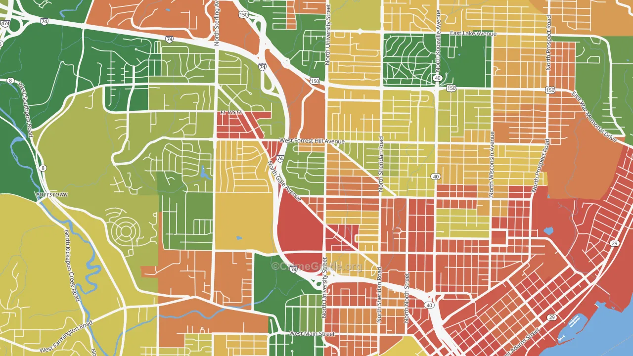 Sunset Hills, Peoria, IL Map of Robbery Rates