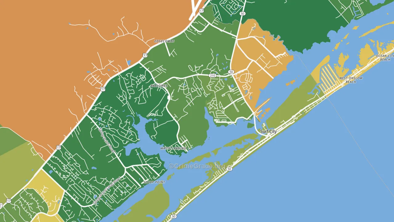 Surf City, NC Map of Robbery Rates